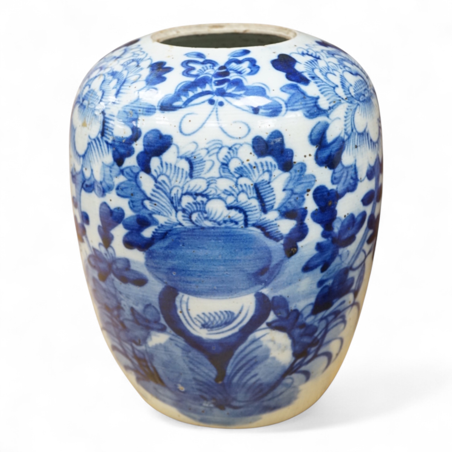 A 19th century Chinese blue and white jar, lacking cover, 28cm high
